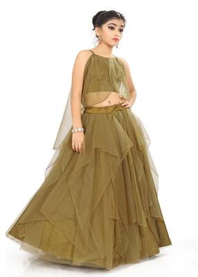 Kids Golden Net With Satin Lehenga Choli For Girls  3