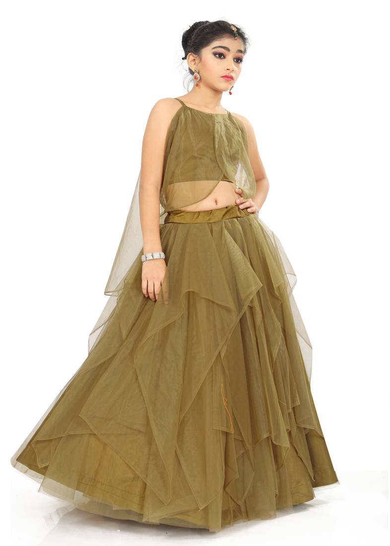 Kids Golden Net With Satin Lehenga Choli For Girls 