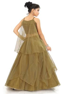 Kids Golden Net With Satin Lehenga Choli For Girls  4