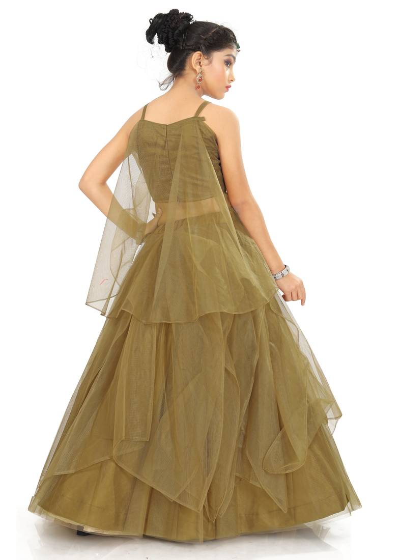 Kids Golden Net With Satin Lehenga Choli For Girls 
