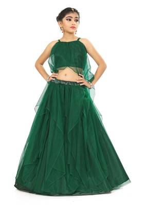 Kids Green Net With Satin Lehenga Choli For Girls 1