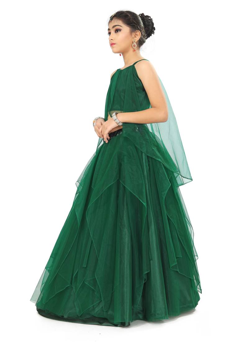 Kids Green Net With Satin Lehenga Choli For Girls