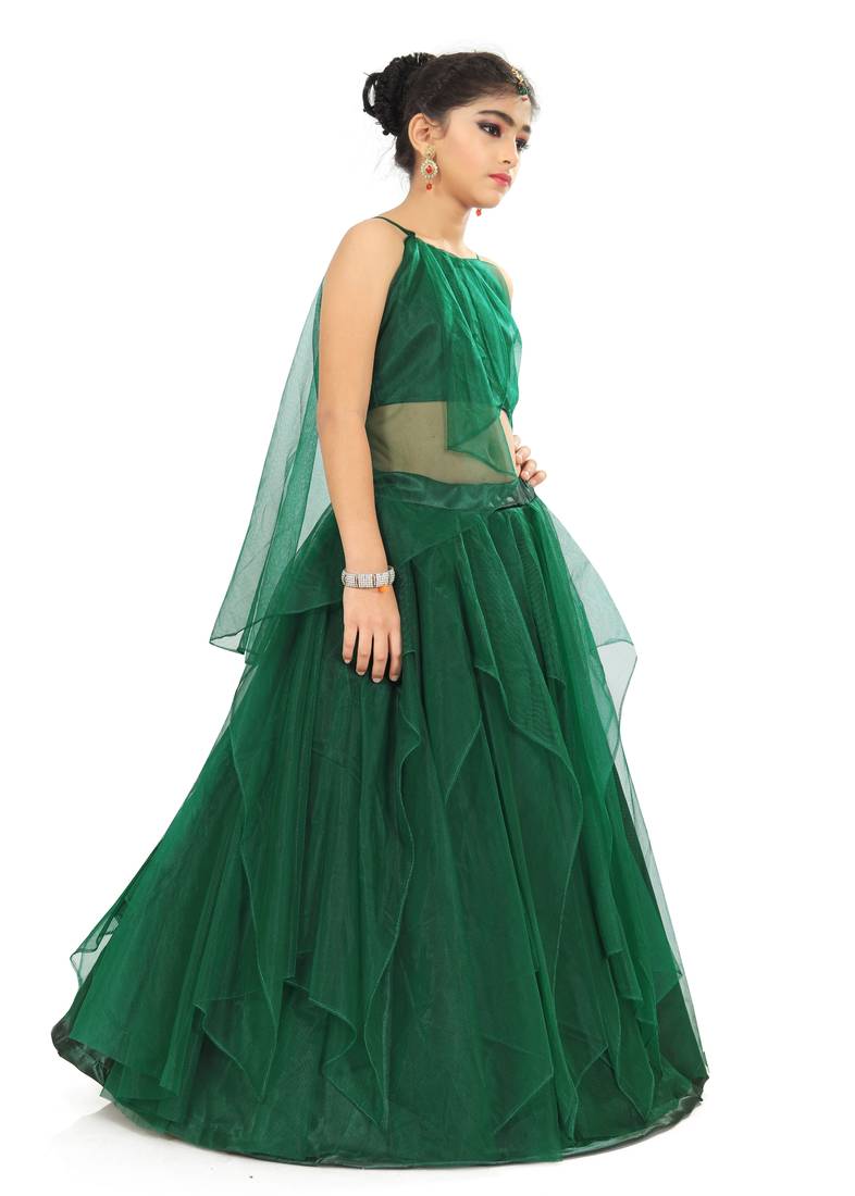 Kids Green Net With Satin Lehenga Choli For Girls