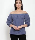 Navy-blue plain cotton party-tops