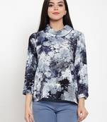Navy-blue printed crepe party-tops