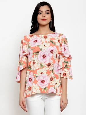 Peach printed crepe party-tops 1