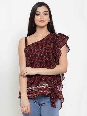 Brown printed georgette party-tops 1