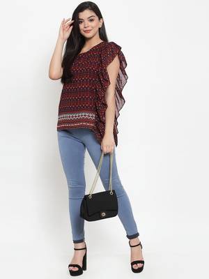Brown printed georgette party-tops 3