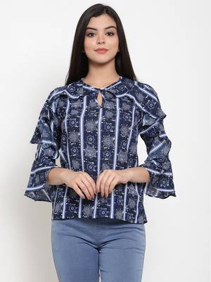 Navy-blue printed crepe party-tops 1