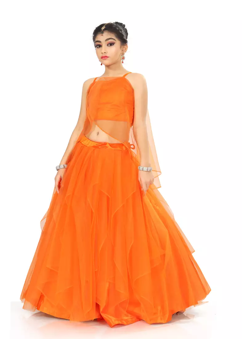 Kids Orange Wedding Wear Lehenga Choli For Girls 