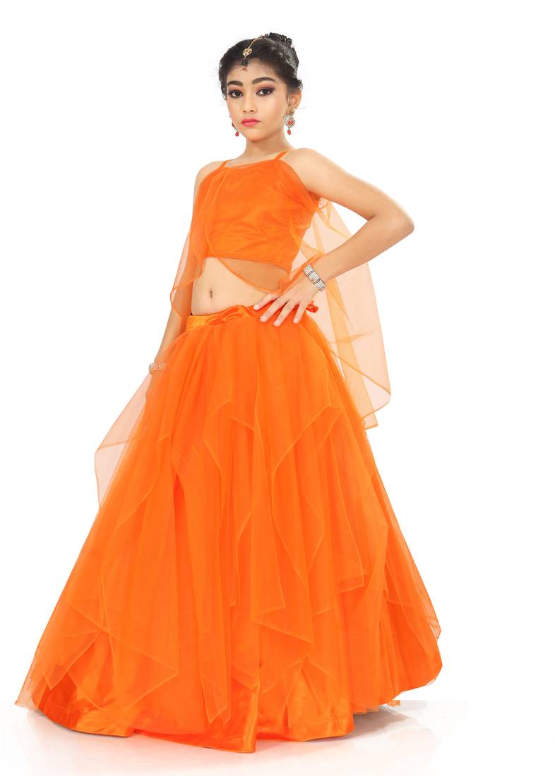 Kids Orange Wedding Wear Lehenga Choli For Girls 