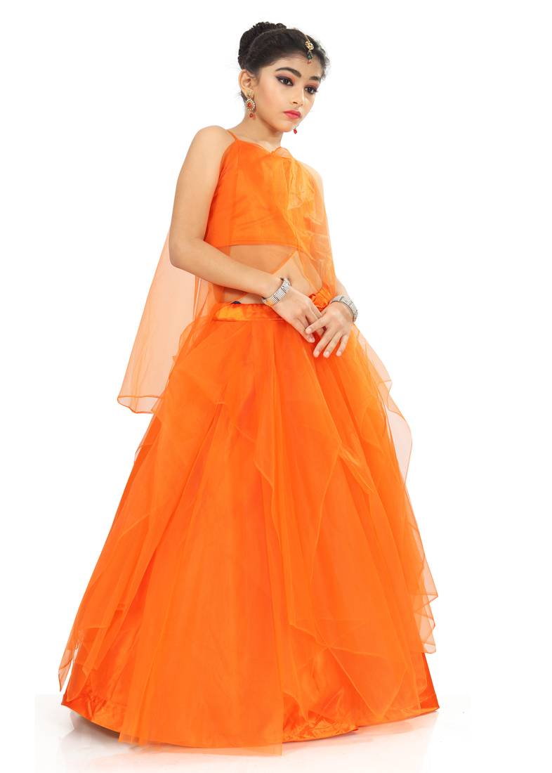 Kids Orange Wedding Wear Lehenga Choli For Girls 