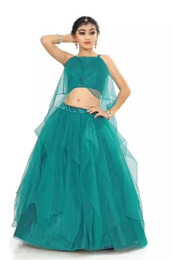 Kids Rama Net With Satin Lehenga Choli For Girls 