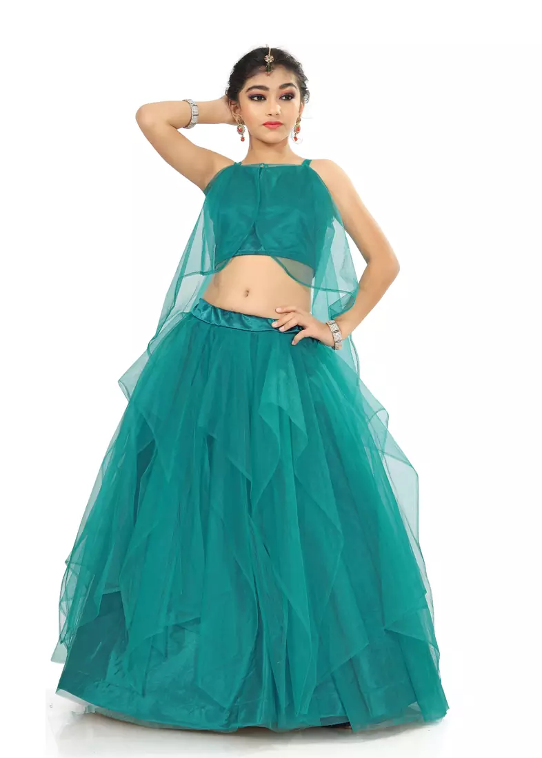 Kids Rama Net With Satin Lehenga Choli For Girls 
