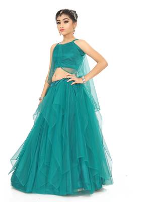 Kids Rama Net With Satin Lehenga Choli For Girls  2