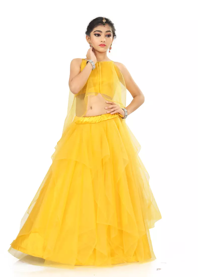 Kids Yellow Net With Satin Lehenga Choli For Girls 