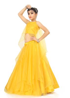 Kids Yellow Net With Satin Lehenga Choli For Girls  2