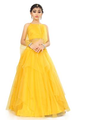 Kids Yellow Net With Satin Lehenga Choli For Girls  3