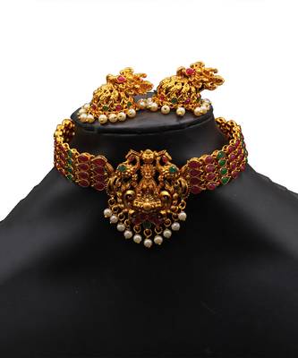 Antique Gold Choker Stone Studded necklace sets 3
