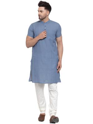 Blue Cotton Dobby Striped Long Kurta 1