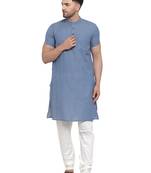 Blue Cotton Dobby Striped Long Kurta