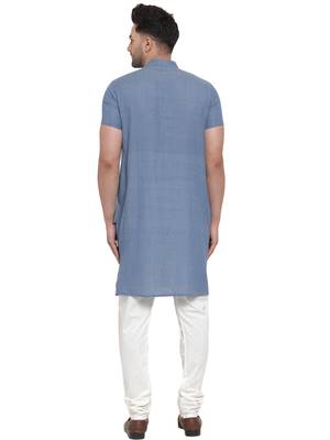 Blue Cotton Dobby Striped Long Kurta 2
