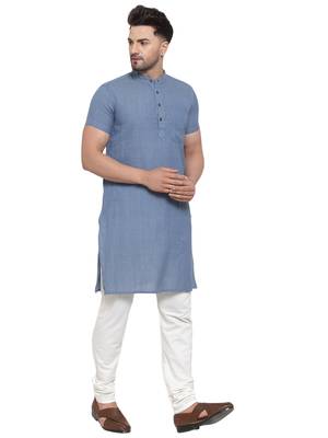 Blue Cotton Dobby Striped Long Kurta 3