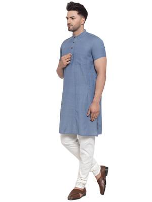 Blue Cotton Dobby Striped Long Kurta 4