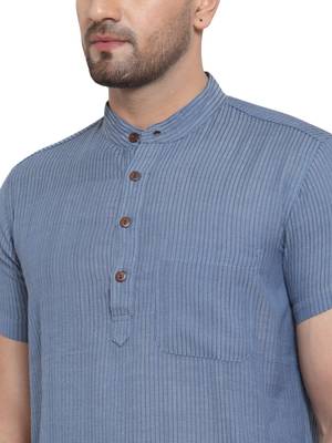 Blue Cotton Dobby Striped Long Kurta 5