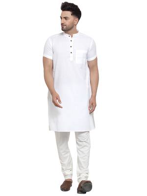 White Cotton Dobby Striped Long Kurta 1