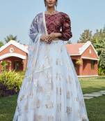 White foilage print net Semi Stitched bridal lehenga