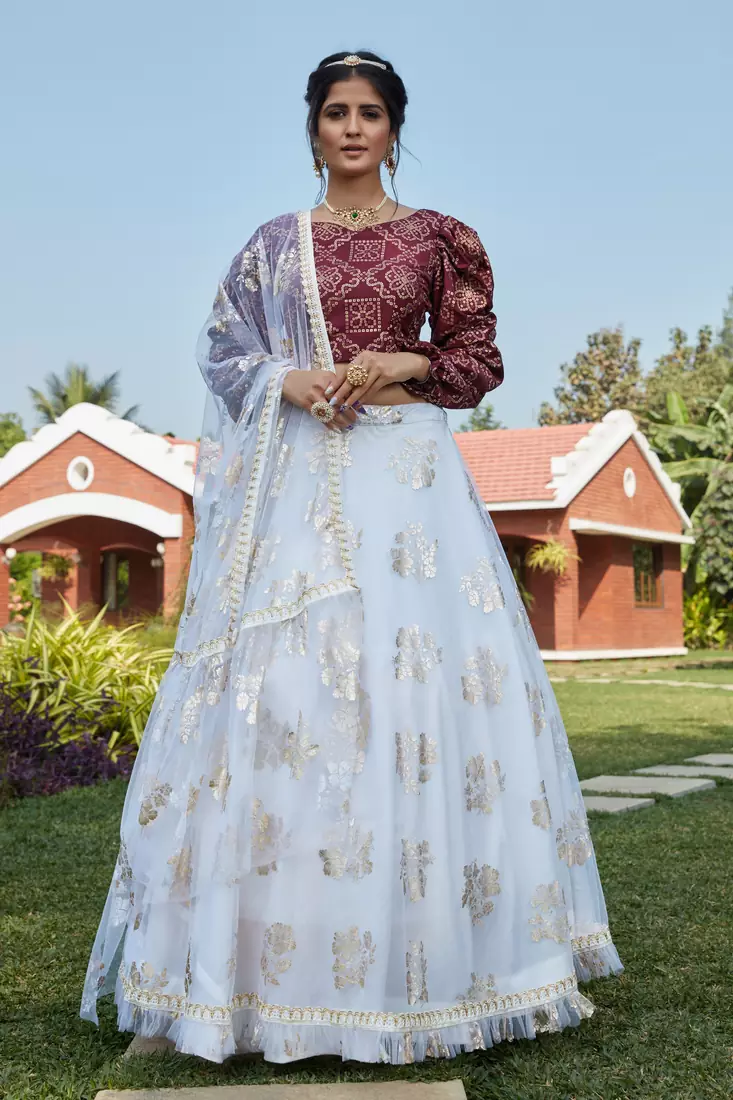 White foilage print net Semi Stitched bridal lehenga