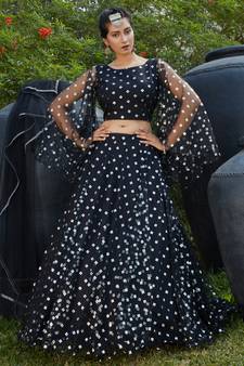 Black metallic foil printed net Semi Stitched bridal lehenga