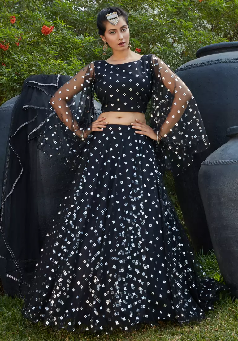 Black metallic foil printed net Semi Stitched bridal lehenga