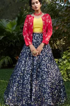 Navy-blue metallic foil printed net Semi Stitched bridal lehenga