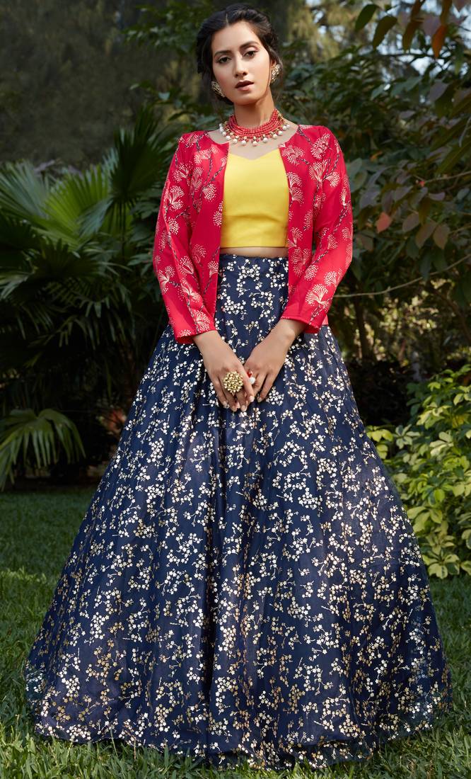 Navy-blue metallic foil printed net Semi Stitched bridal lehenga