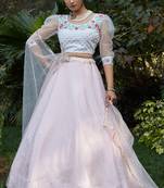 Pink metallic foil printed net Semi Stitched Bridal Lehenga