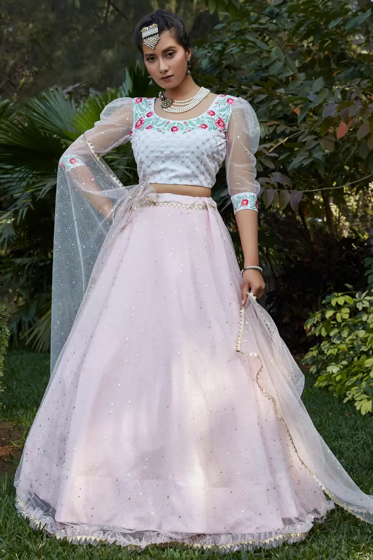 Pink metallic foil printed net Semi Stitched bridal lehenga