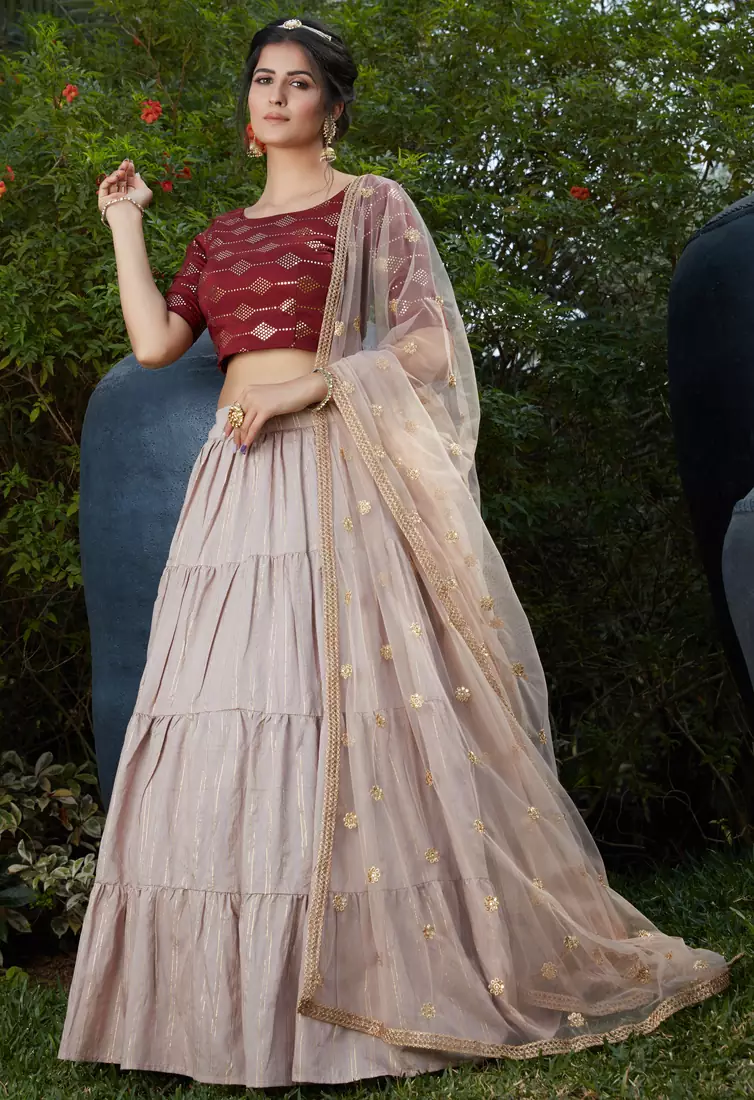 Light-coffee pigment mirror foil cotton Semi Stitched bridal lehenga