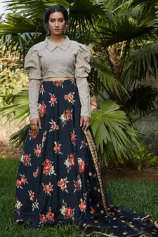 Black printed silk crepe Semi Stitched bridal lehenga