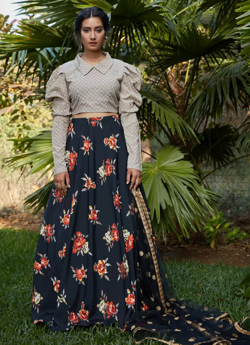 Black printed silk crepe Semi Stitched bridal lehenga