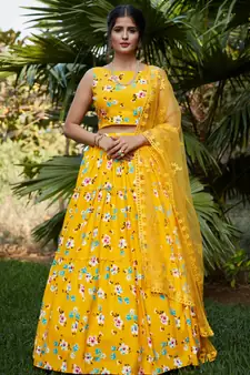 Yellow printed silk crepe Semi Stitched bridal lehenga