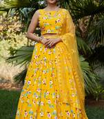 Yellow printed silk crepe Semi Stitched bridal lehenga