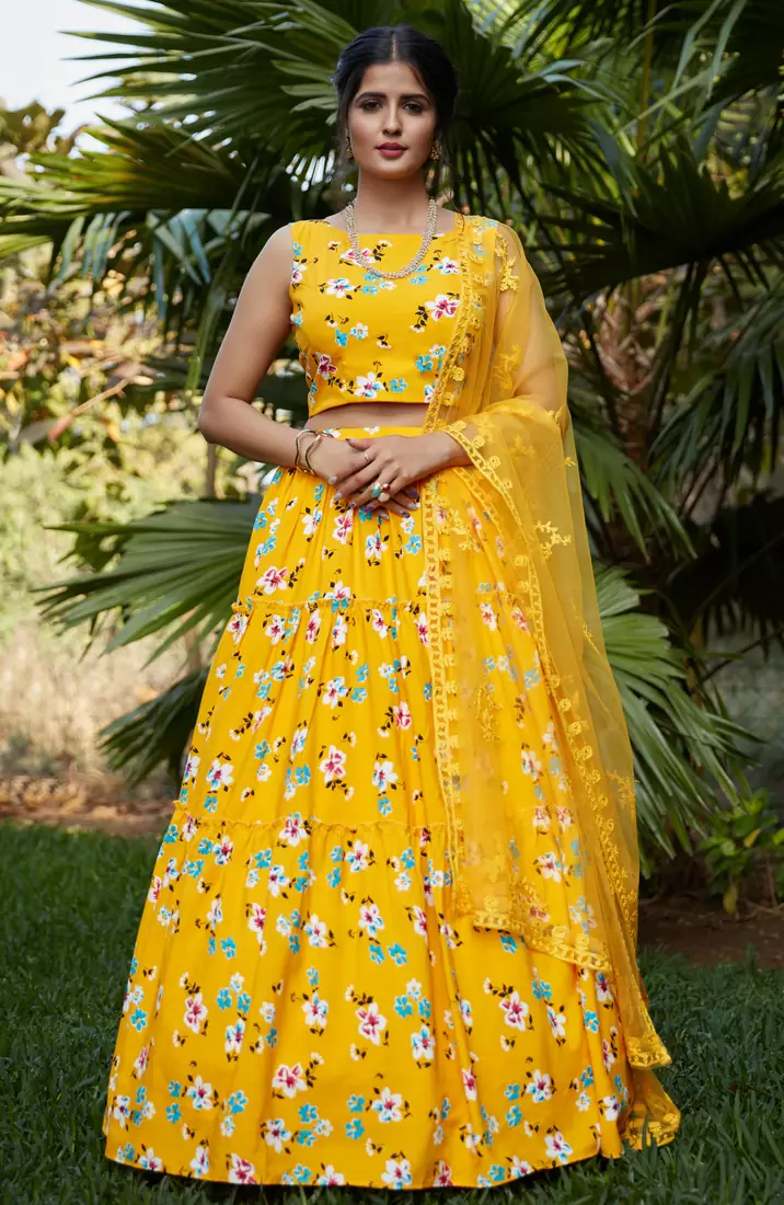 Yellow printed silk crepe Semi Stitched bridal lehenga
