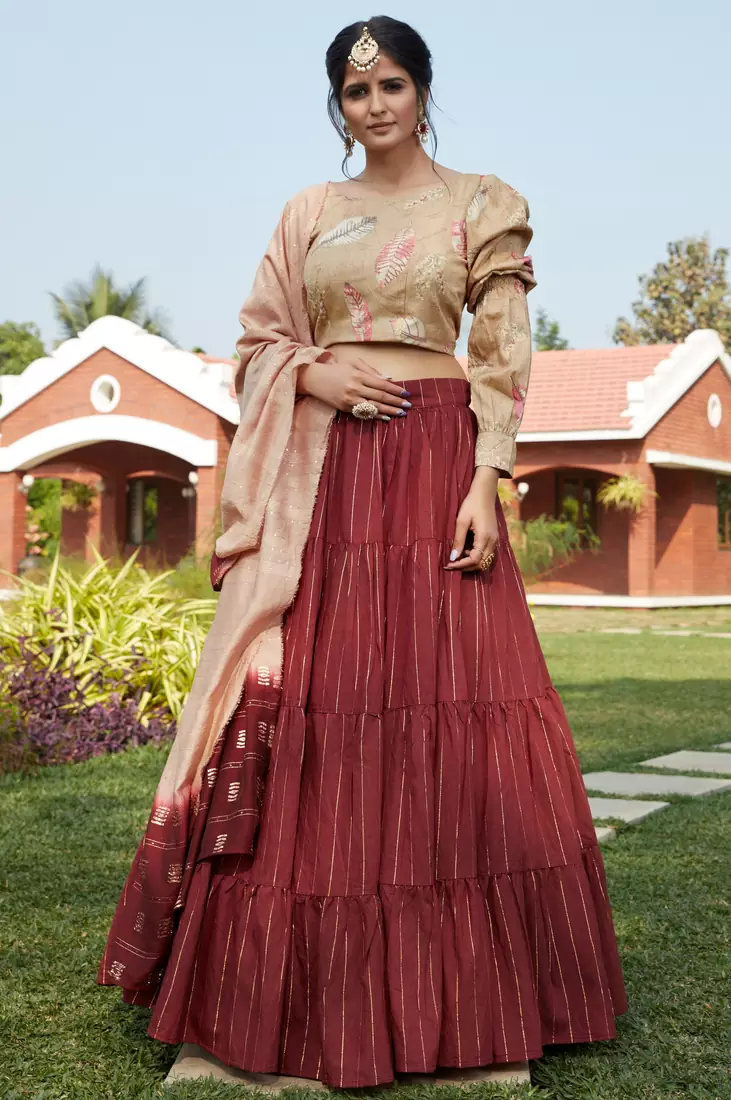 Maroon jacquard weaving cotton Semi Stitched bridal lehenga