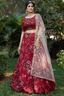 Maroon printed crepe silk Semi Stitched bridal lehenga