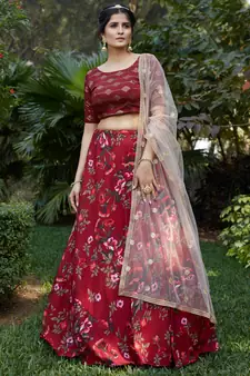 Maroon printed crepe silk Semi Stitched bridal lehenga