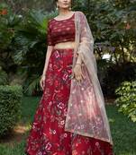 Maroon printed crepe Silk Semi Stitched Bridal Lehenga