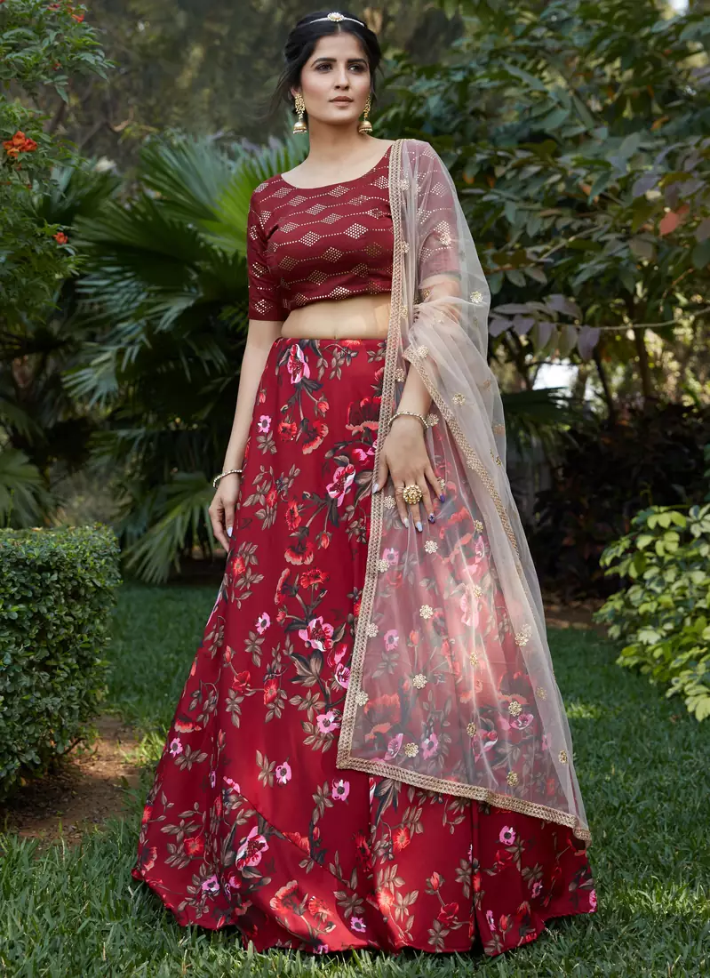 Maroon printed crepe silk Semi Stitched bridal lehenga