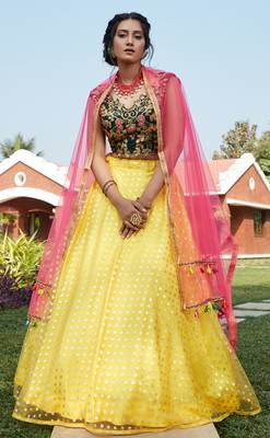 Yellow metallic foil printed net Semi Stitched bridal lehenga 1